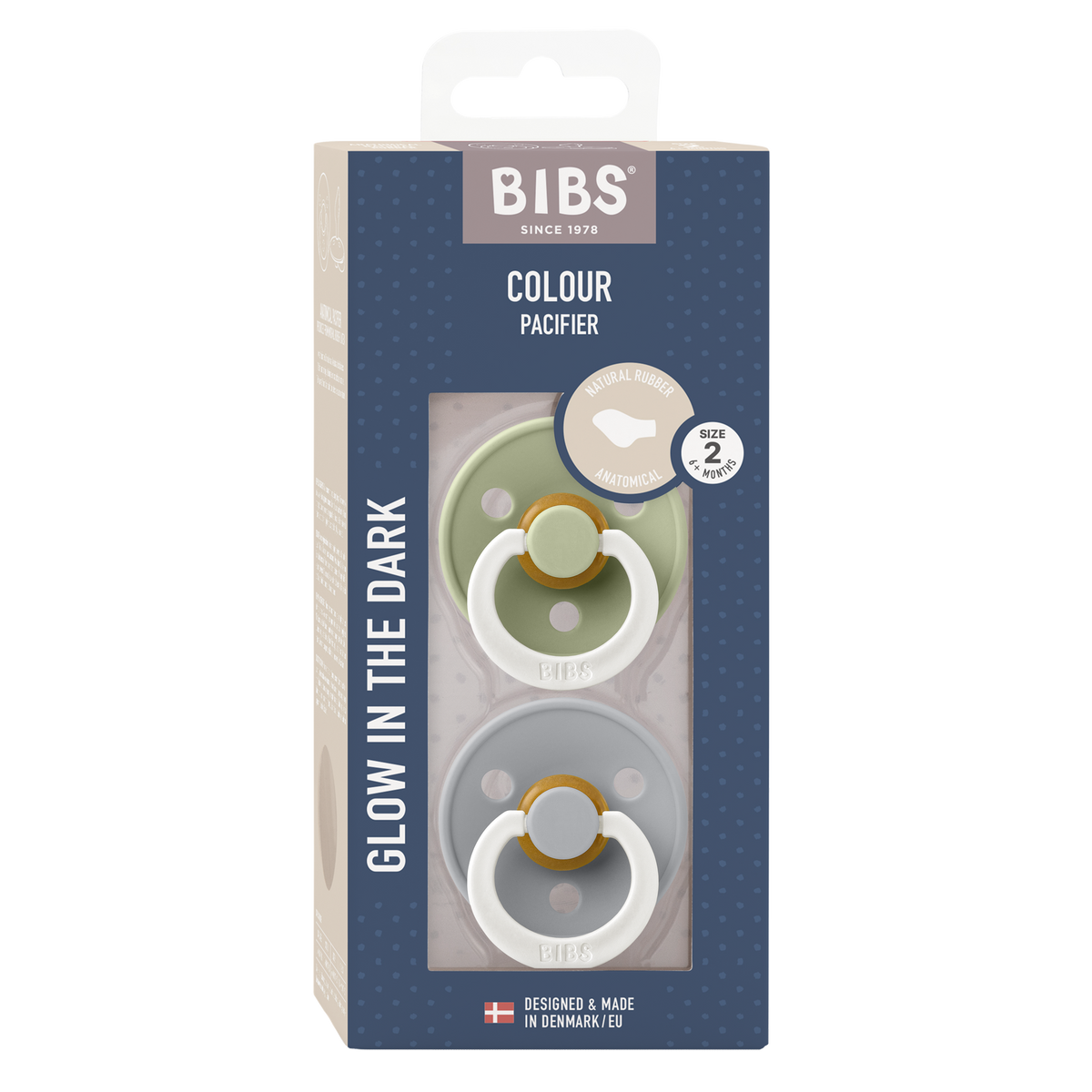 BIBS Colour natúr kaucsuk cumi gyerekeknek fogszabályzós cumifejjel - világító fogantyú - zsálya és delfin színben - Pippadu
