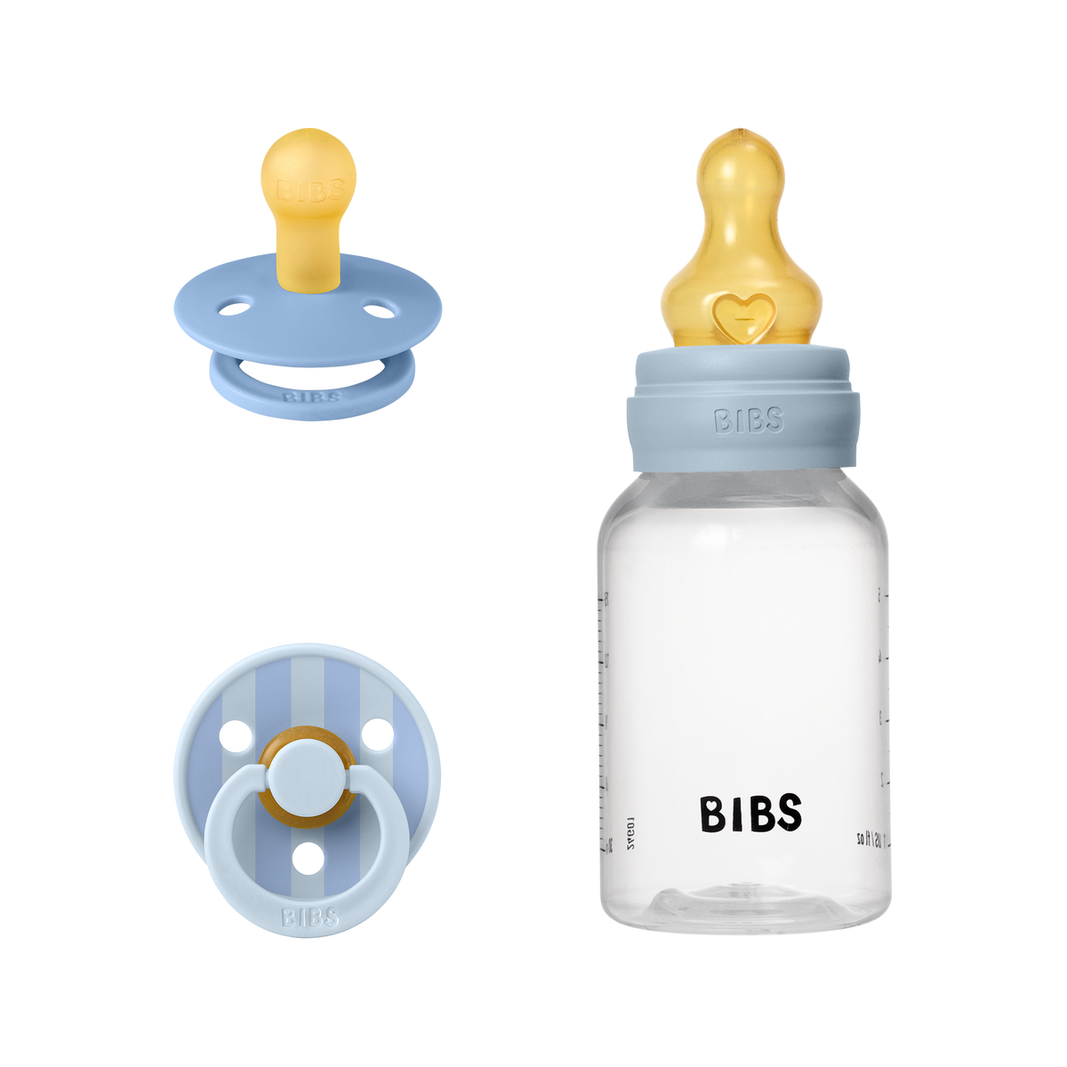 A BIBS Szia baba! ajándékcsomag 1 üveg BIBS cumisüveget és 2  BIBS Colour cumit tartalmaz