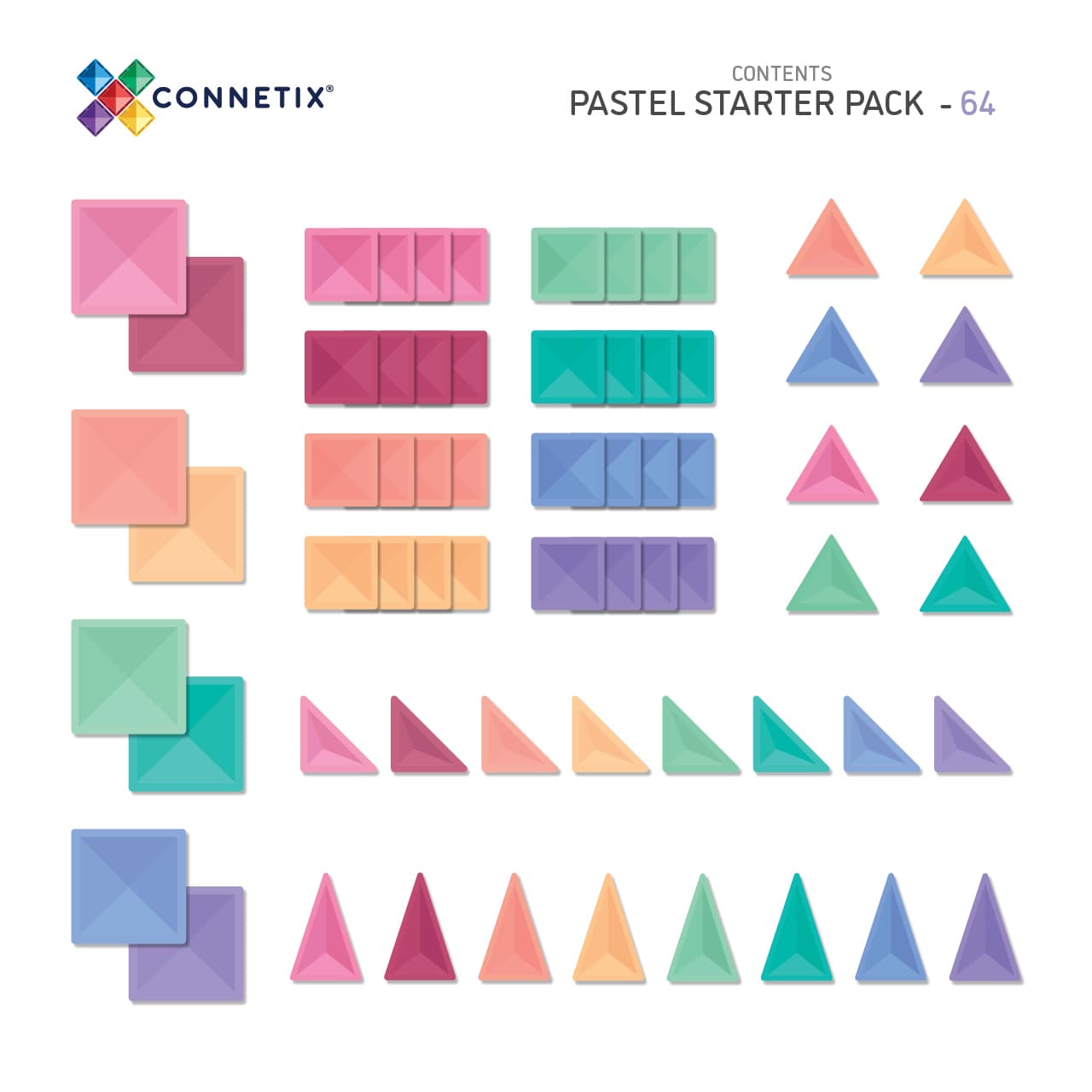 Connetix mágneses építőjáték (pasztell) - Starter Pack (64 db) tartalma