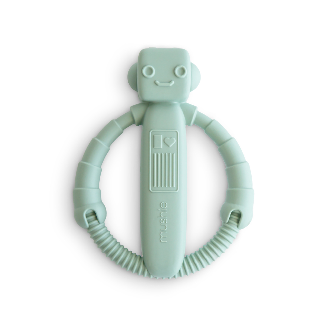 Mushie csörgő rágóka - robotka (halvány türkiz)