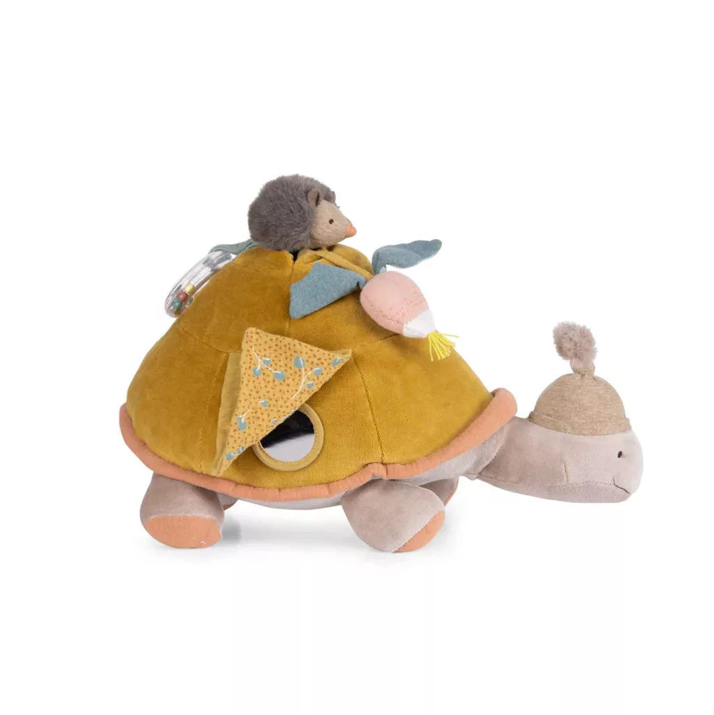 Moulin Roty készségfejlesztő foglalkoztató teknős plüss csörgővel és rágókával