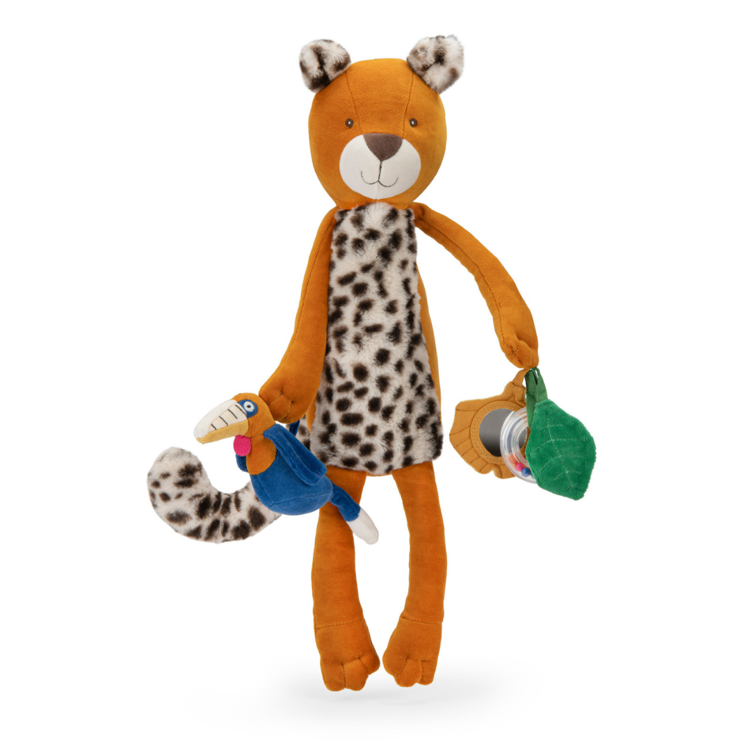 Moulin Roty készségfejlesztő plüss baba játék tükörrel és csörgő gyűrűvel
