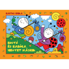 Bartos Erika – Bogyó és Babóca hegyet mászik című mesekönyv borítója: a katicalány Babóca és a csigafiú Bogyó hátizsákkal másznak hegyet, színes őszi tájban, vidám rajzstílusban