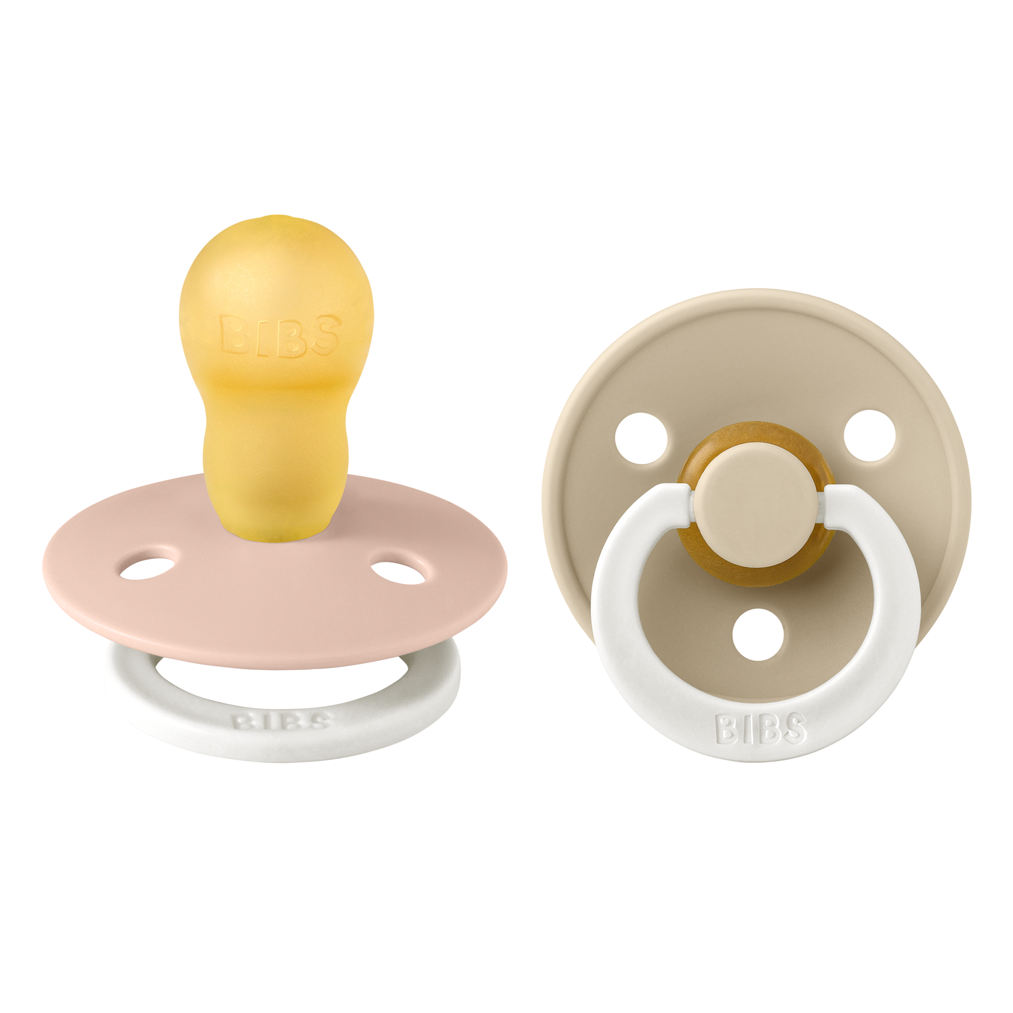BIBS Colour esti púderrózsaszín és esti vanília cumik natúr kaucsuk cumifejjel 18 hónapos kortól