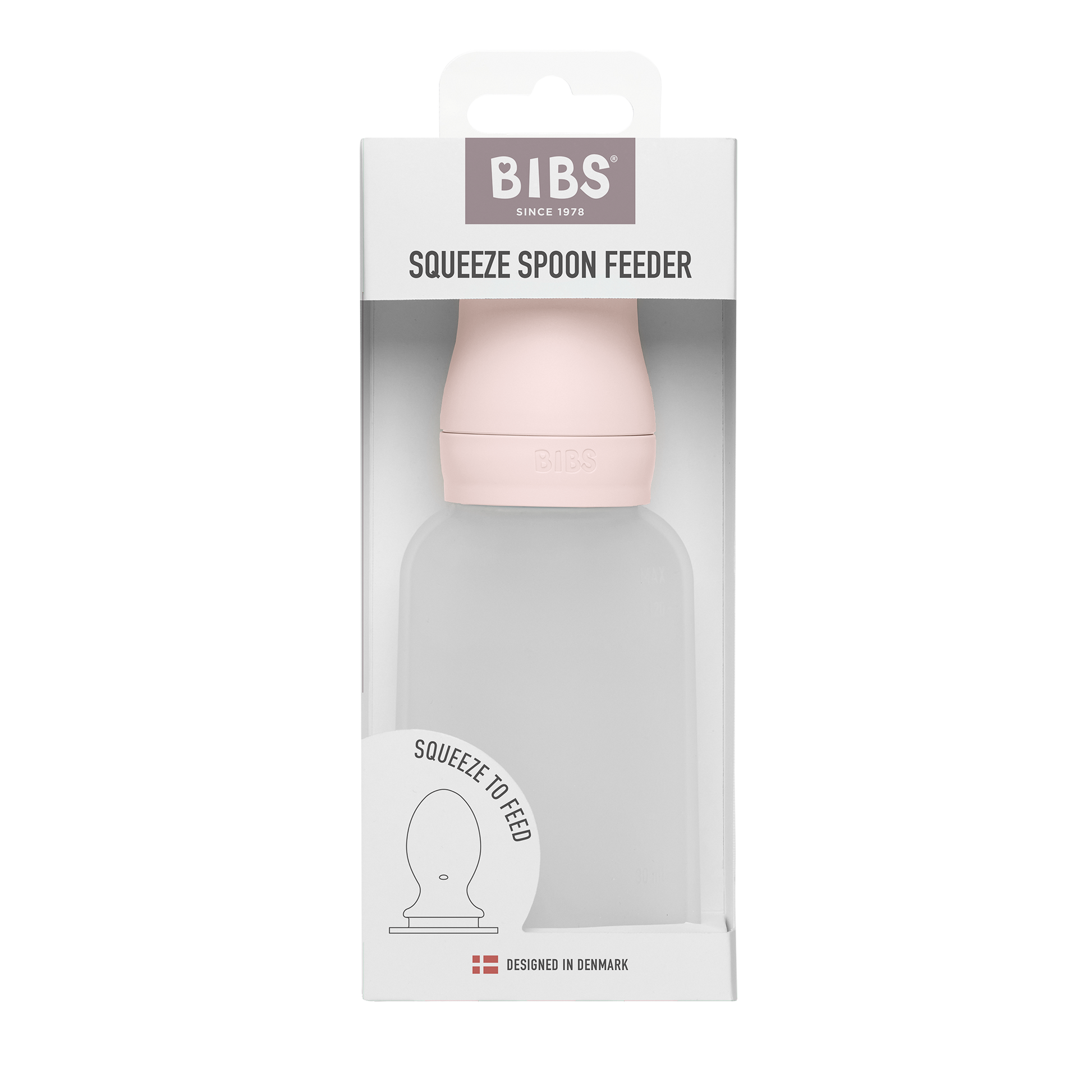 BIBS szilikon adagolós etetőkanál szirom színben papírdoboz csomagolásban szemből nézve