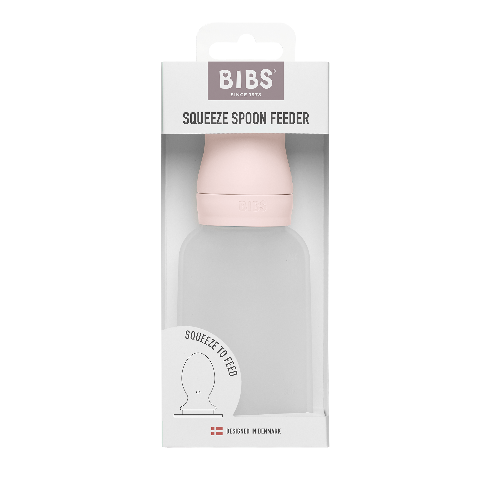 BIBS szilikon adagolós etetőkanál szirom színben papírdoboz csomagolásban szemből nézve