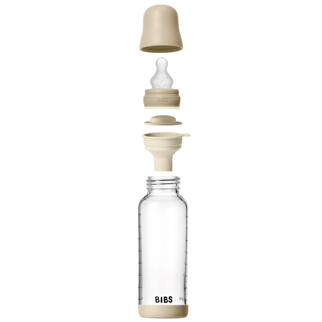 BIBS üveg cumisüvegszett (esti vanília) - 240 ml - szilikon – a cumisüveg szétszedve, minden alkatrésszel (kupak, cumi, szeleprögzítő, tölcsér, üveg)