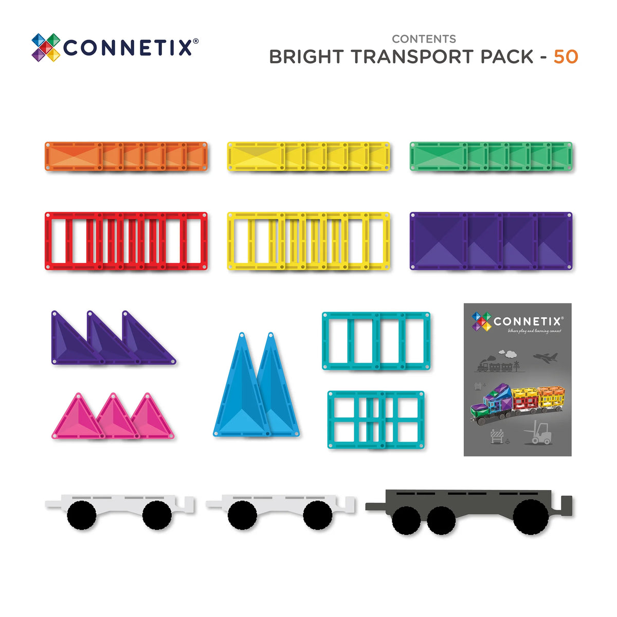A CONNETIX élénk Transport Pack tartalma: szállítóalap, két mozgó alap és színes mágneses elemek