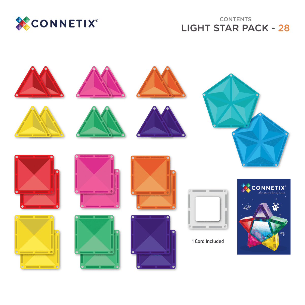 A Star Pack 28 darabos készletének tartalma világító elemmel, háromszögekkel és négyzetekkel