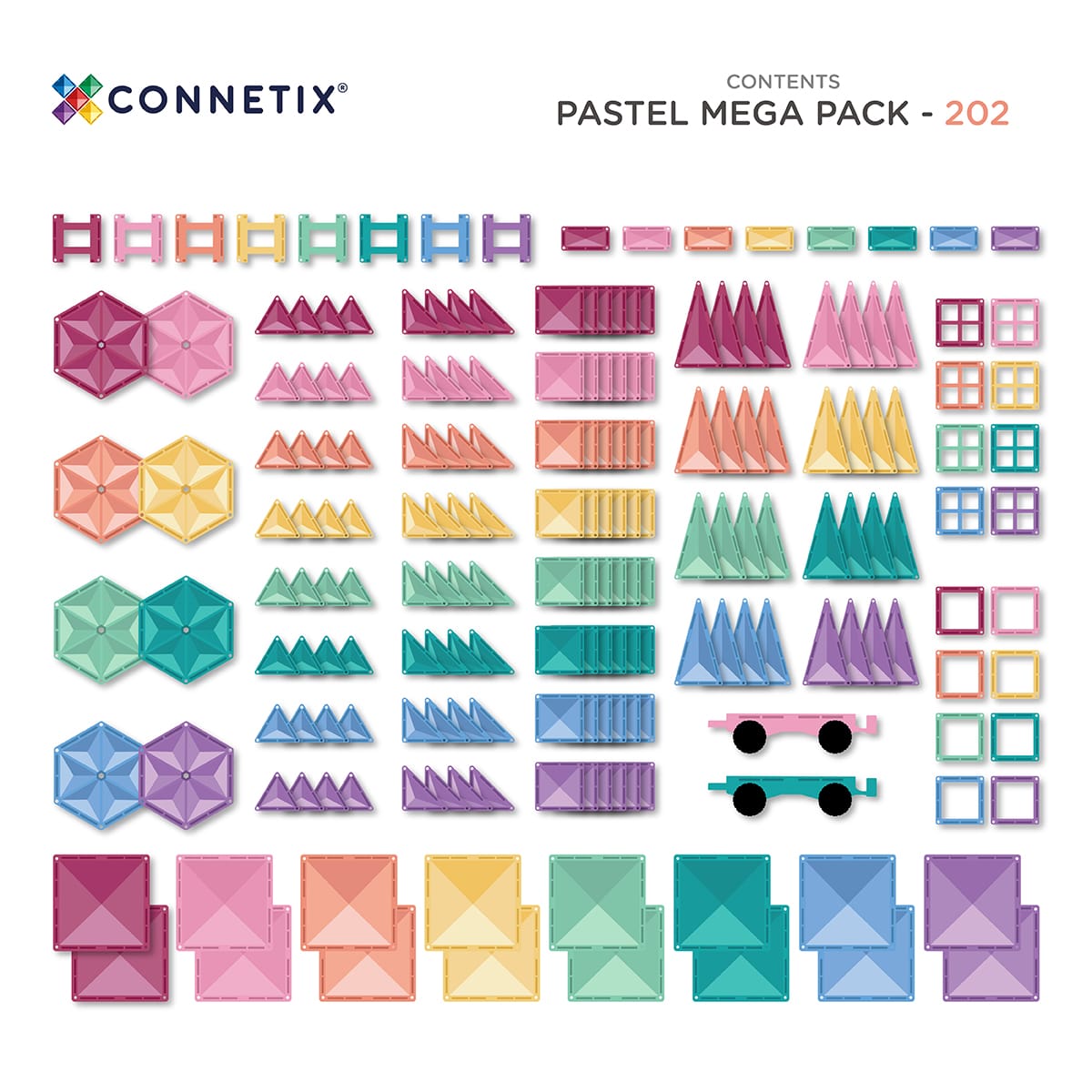 CONNETIX mágneses építőjáték (pasztell) - Mega Pack (202 db) tartalom