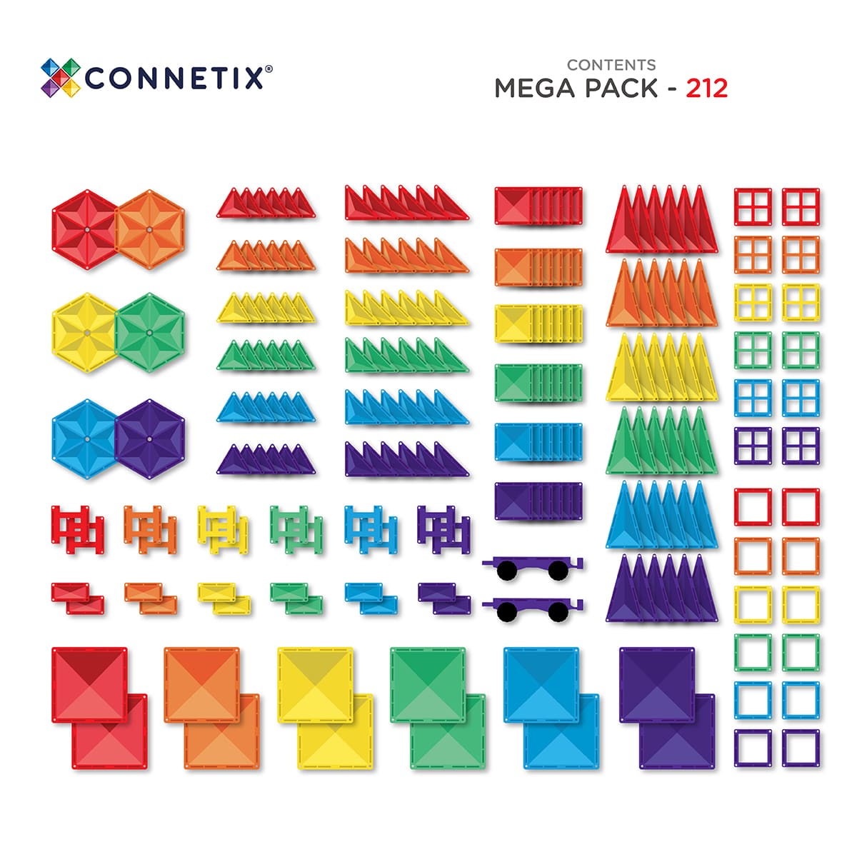 CONNETIX mágneses építőjáték (szivárvány) - Mega Pack (212 db) tartalom