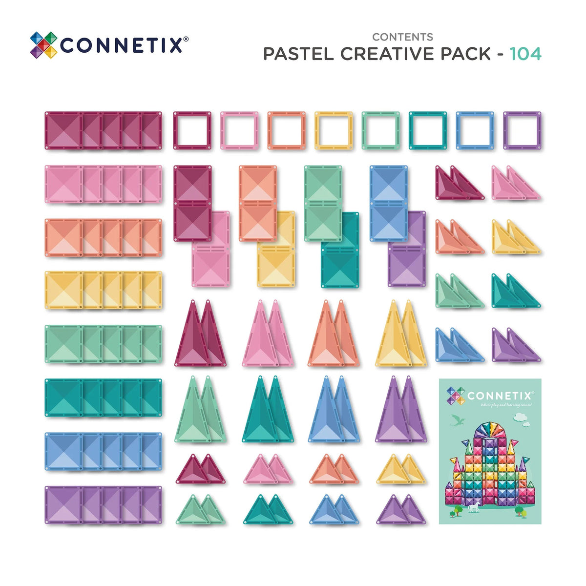 A CONNETIX pasztell Creative Pack (104 db) tartalma