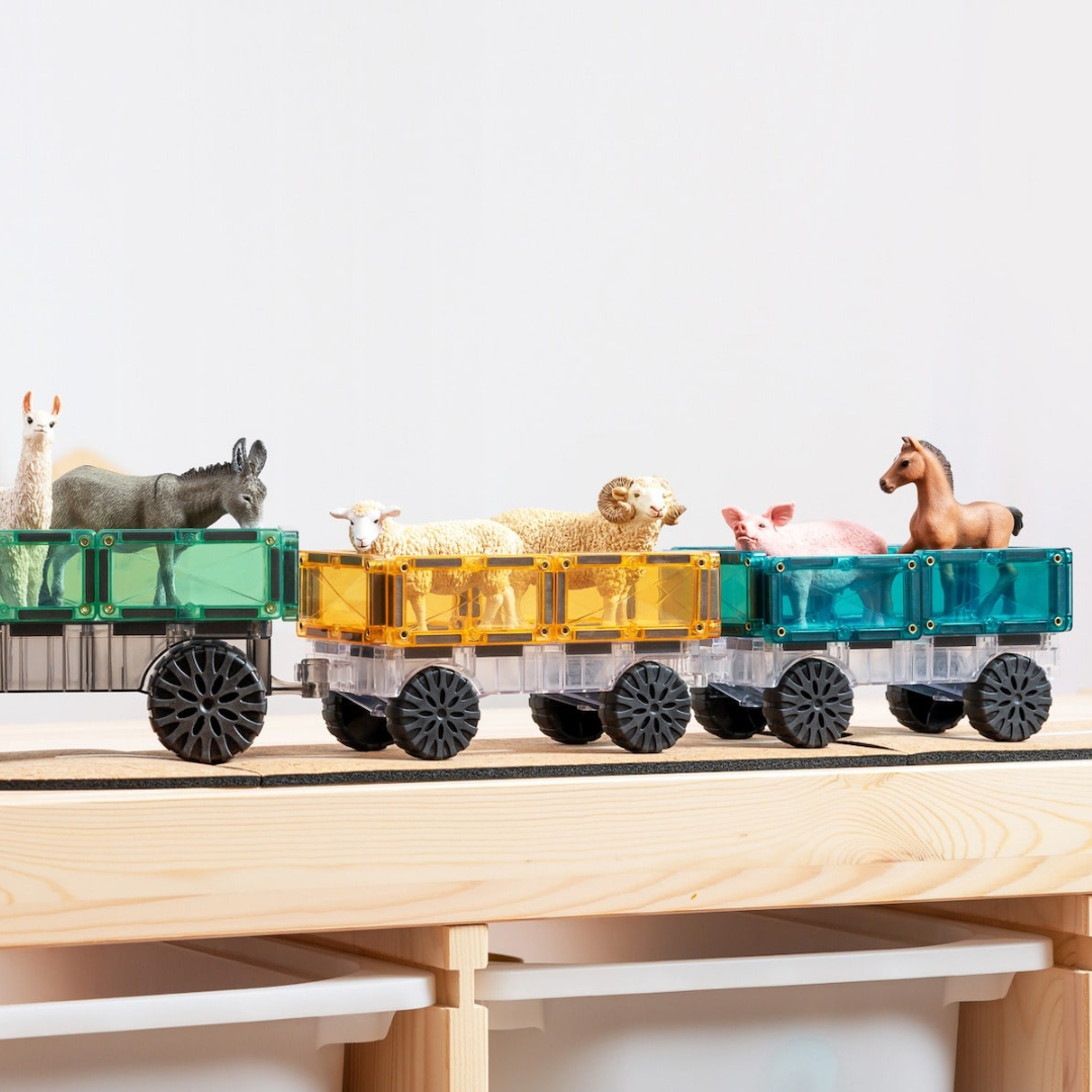 Állatos vonat a CONNETIX mágneses építőjáték pasztell Transport Pack elemeiből