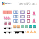 A CONNETIX mágneses építőjáték pasztell Transport Pack tartalma: kocsi alapok, vonat/teherautó alap és színes mágneses elemek