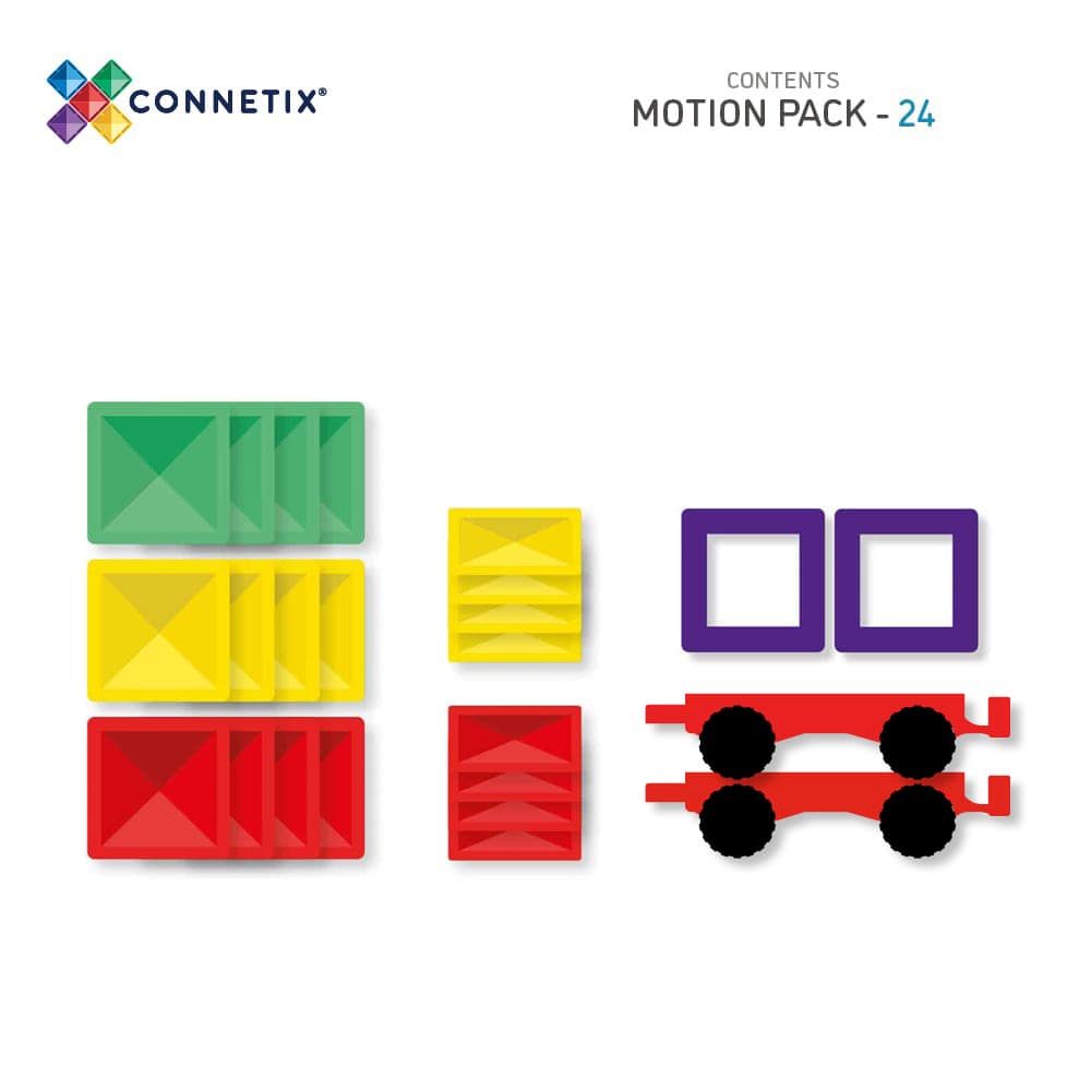 CONNETIX mágneses építőjáték (szivárvány) Motion Pack elemei: két kocsi alap gumikerékkel, színes négyzetek, téglalapok és ajtóelemek