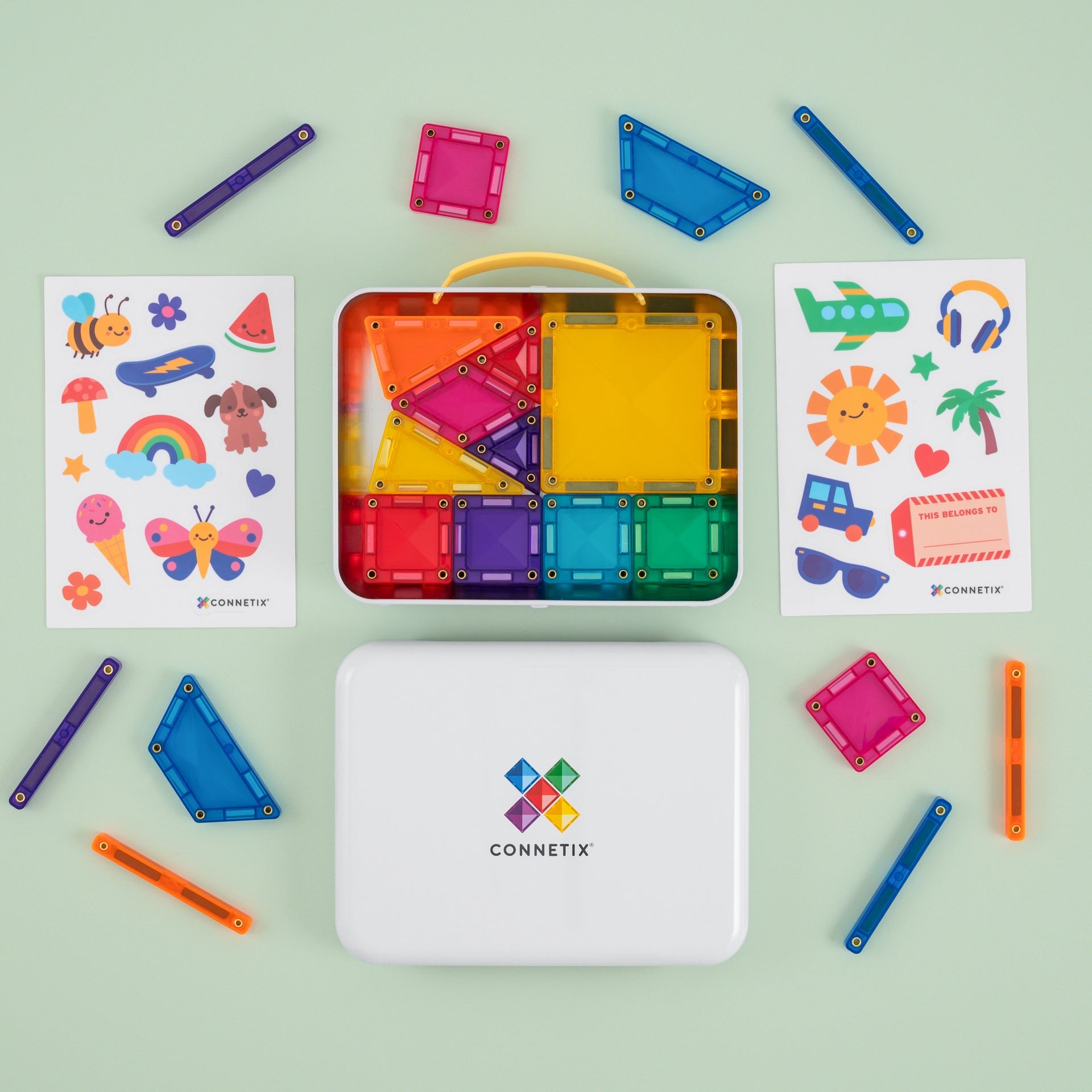 Vidám szilikon matricákkal egyedivé tett CONNETIX Travel Pack hordozható fém tárolódoboz