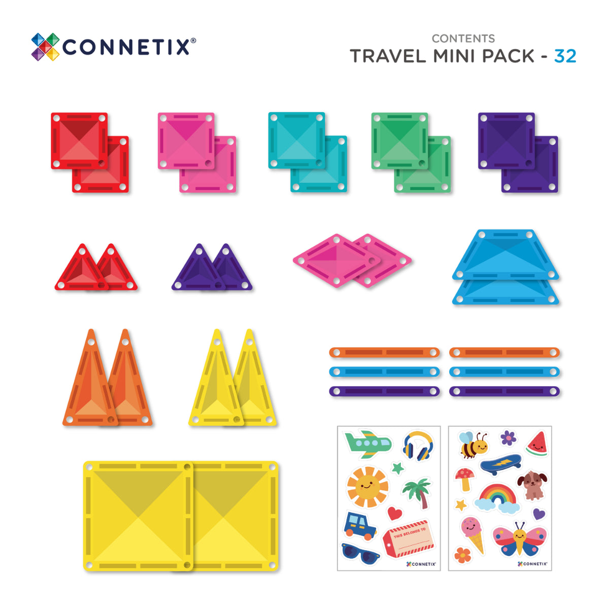 A CONNETIX Travel Pack 32 db-os hordozható készlet pontos tartalma és az újrahasználható matricák