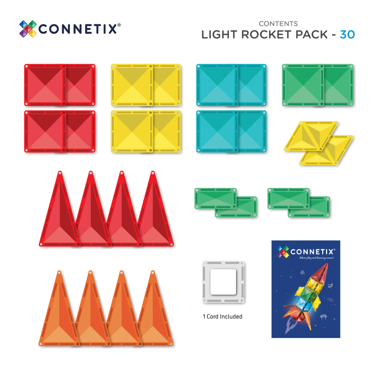 CONNETIX mágneses építőjáték (világító) - Rocket Pack (30 db) tartalom
