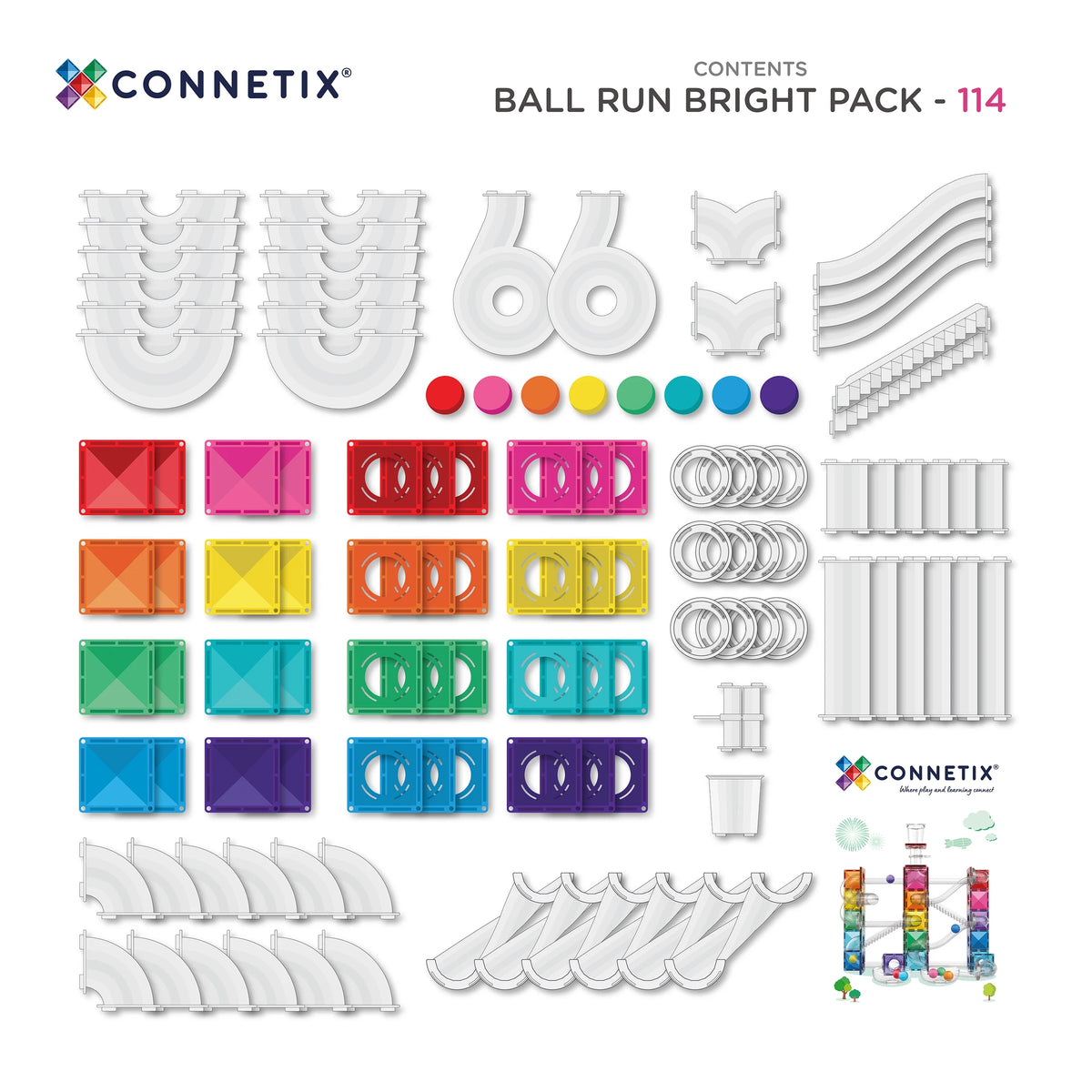 CONNETIX élénk golyópálya 114 db csomag tartalma