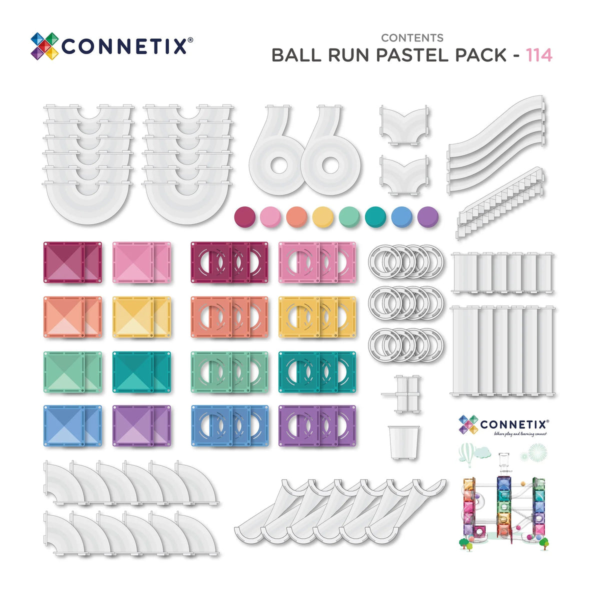 A CONNETIX pasztell mágneses golyópálya (114 db) tartalma