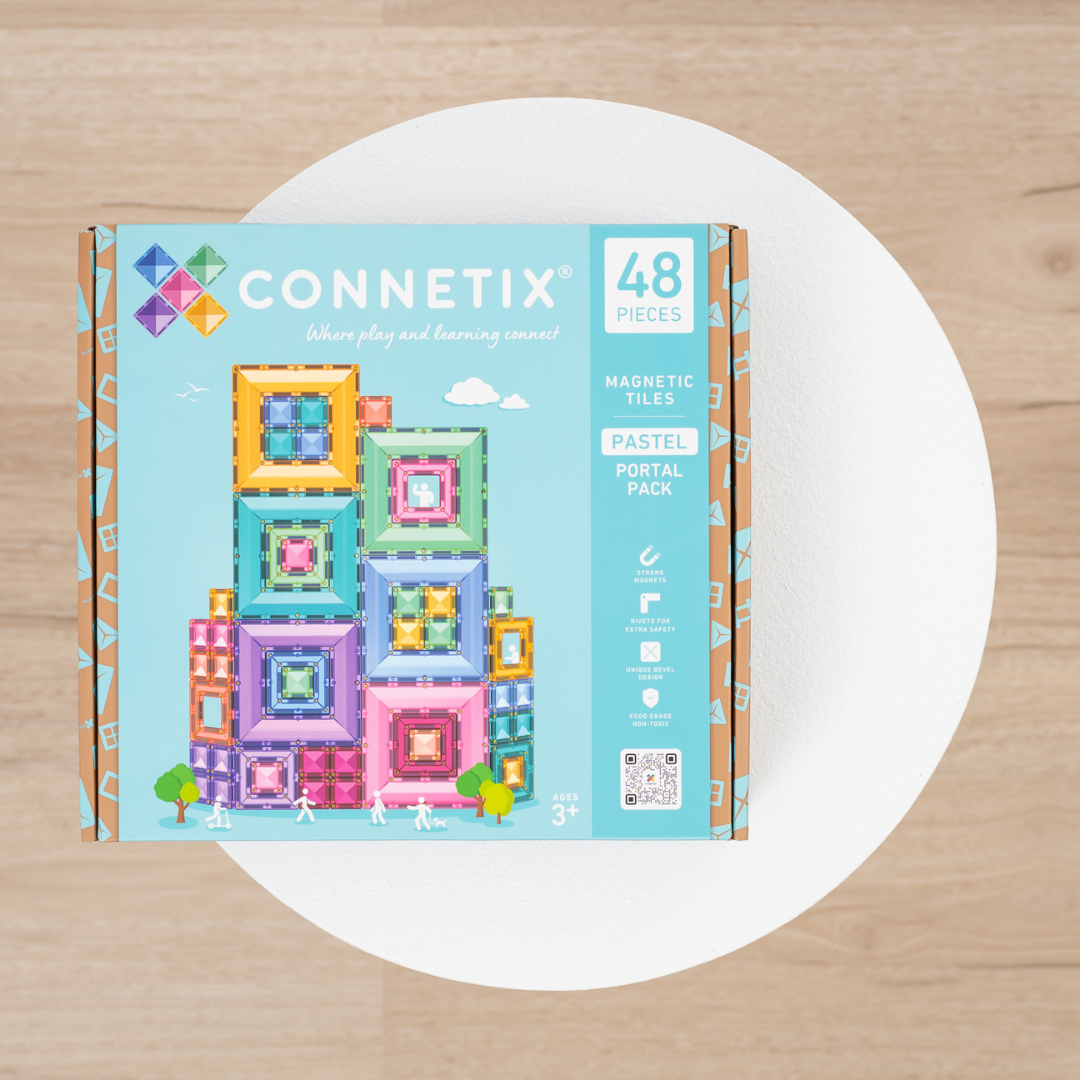 Connetix pasztell Portal Pack 48 darabos mágneses építőjáték elemei modern enteriőrben