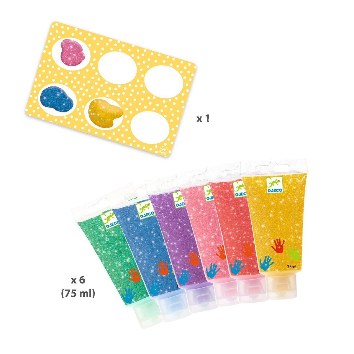 Djeco csillámos ujjfesték – 6 tubus (6 × 75 ml) rózsaszín, arany, kék, zöld, lila és piros csillámos festék, mellette a festékpaletta