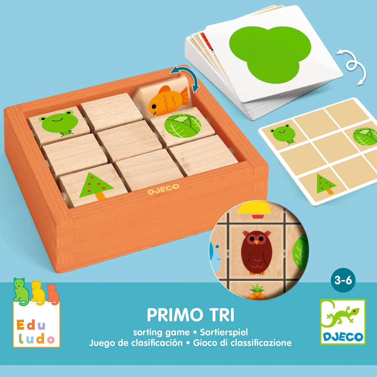 Djeco Eduludo Primo Tri rendszerező játék doboz előlapja, 3–6 éves korosztály