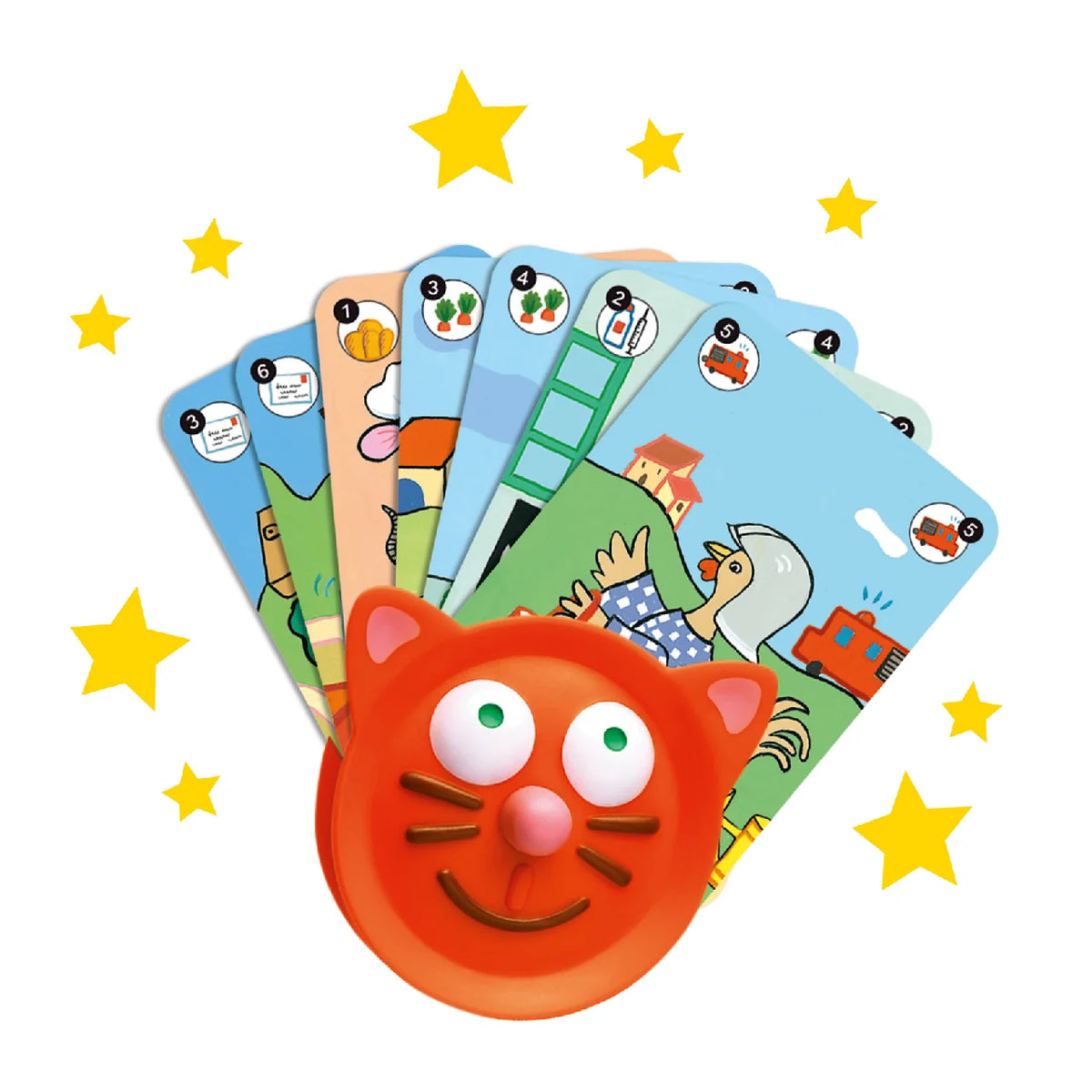 Djeco cicus kártyatartó (Card holder) – narancssárga cicafejes tartó legyezőszerűen álló, képes kártyalapokkal