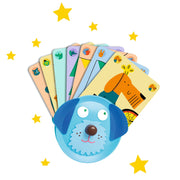 Djeco kutyus kártyatartó (Card holder) – kék kutyafejes tartó legyezőszerűen álló, állatos kártyalapokkal