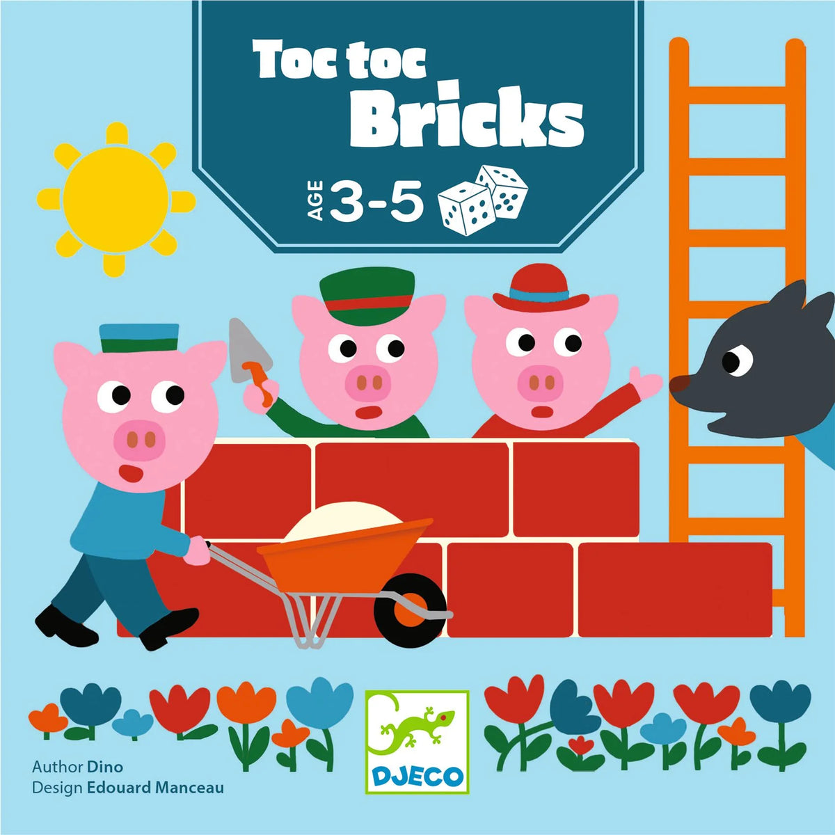 Djeco Toc Toc Bricks doboz előlapja a három kismalaccal és a farkassal