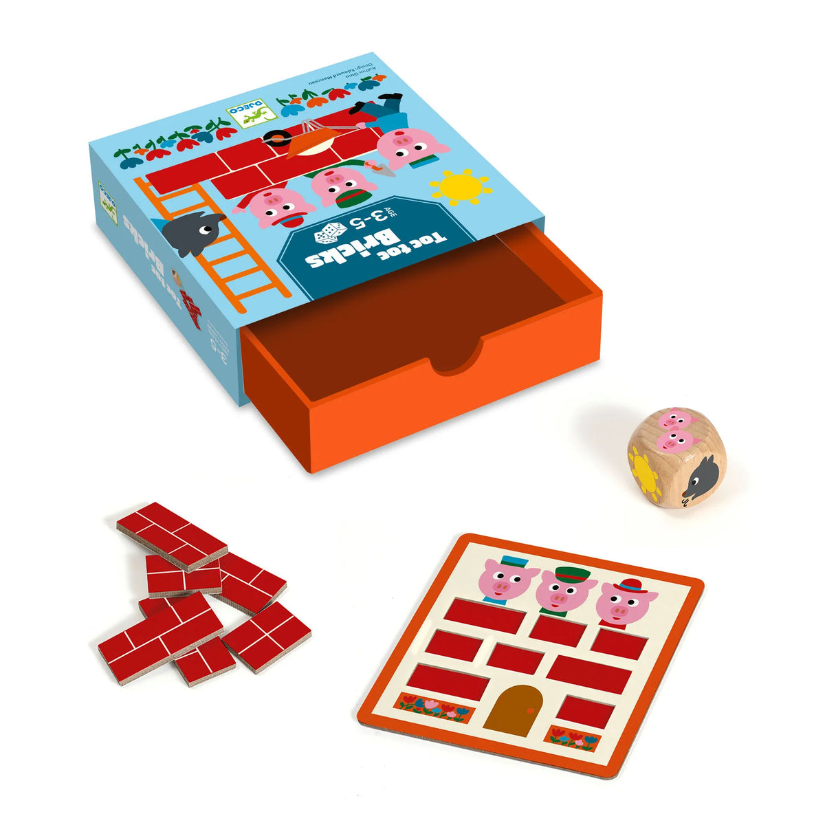 Djeco Koca kocka (Toc Toc Bricks) társasjáték fiókos dobozzal, házikótáblával, kartontéglákkal és fa dobókockával