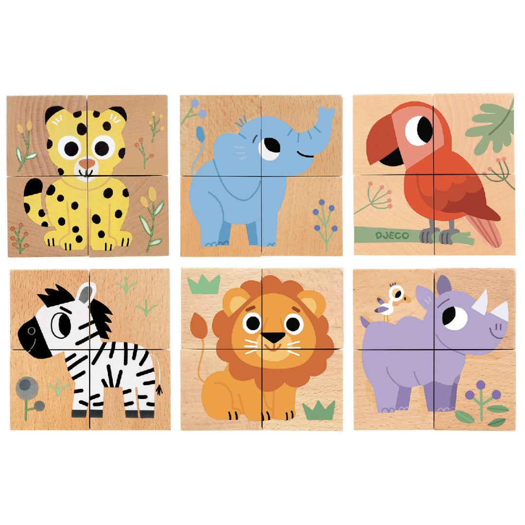 Djeco 4 db fa kockából álló Kockakirakó - Vadállatok