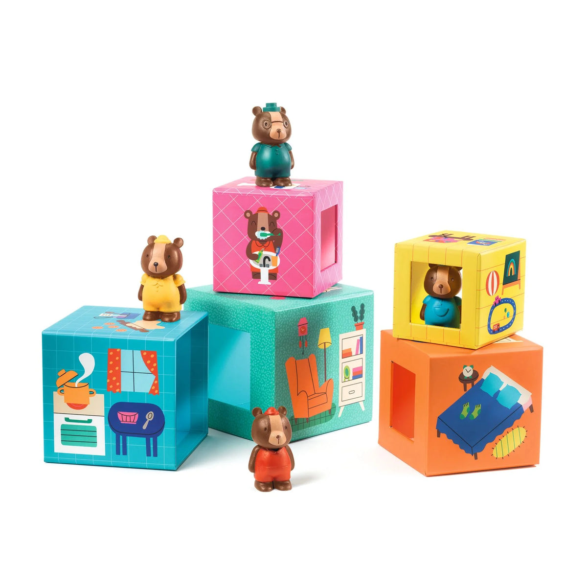 Djeco Mackók háza (Topanihouse) illusztrált kartonkockák a mackócsalád négy figurájával