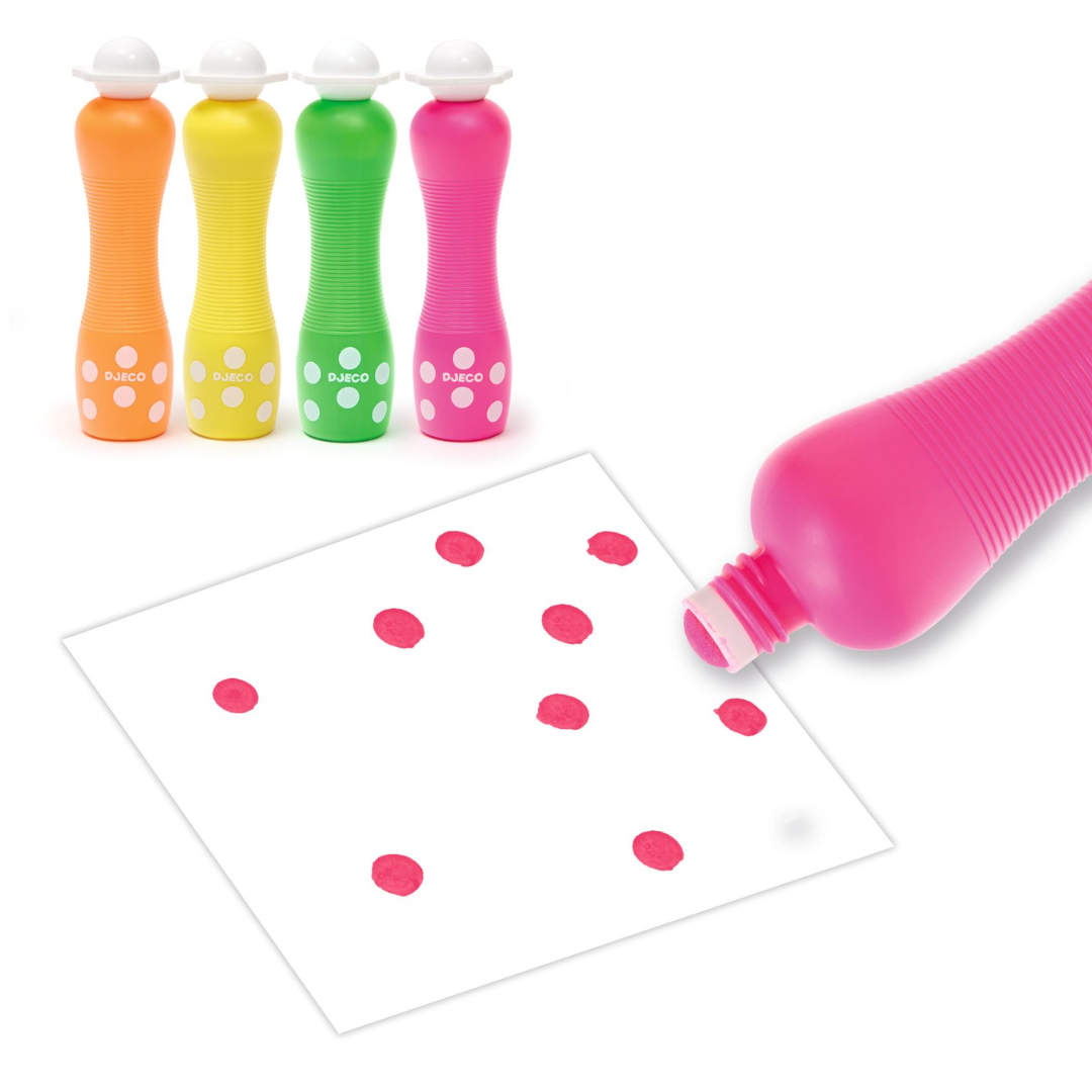 Djeco pöttyöző neon marokfilc: Marok filc készlet 4 fluoreszkáló színben - Pontozó színezés - Large dot markers