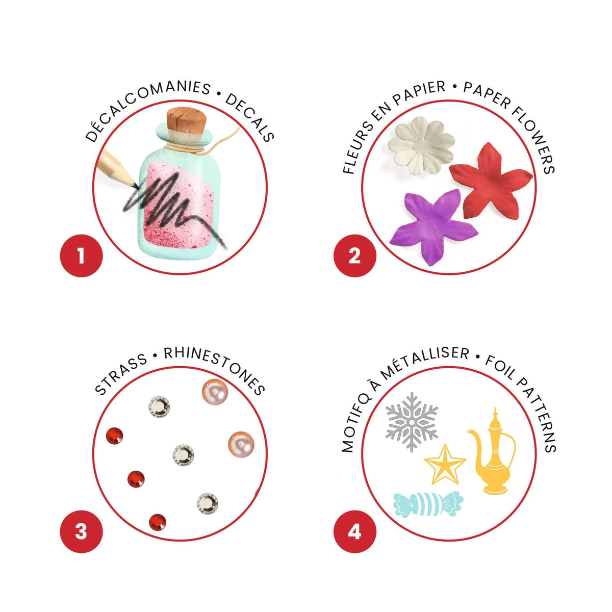 Djeco Diótörő készlet négy technikája: dörzsmatrica, papírvirág, strassz és fémfólia-minta