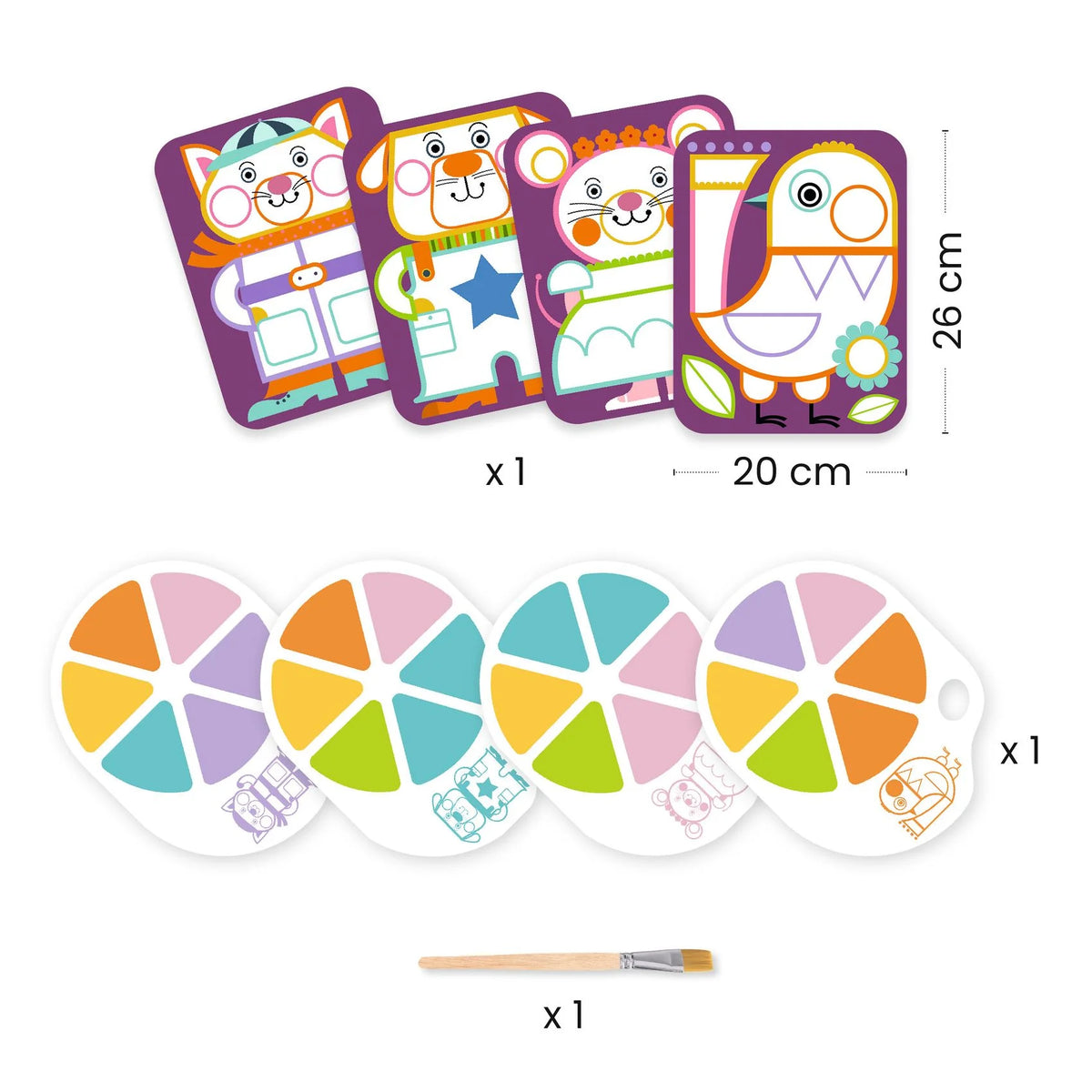 Djeco Pufók pofik palettafestés tartalma – 4 db 20 × 26 cm-es kép, 4 palettalap képenként 6 színnel és fanyelű ecset