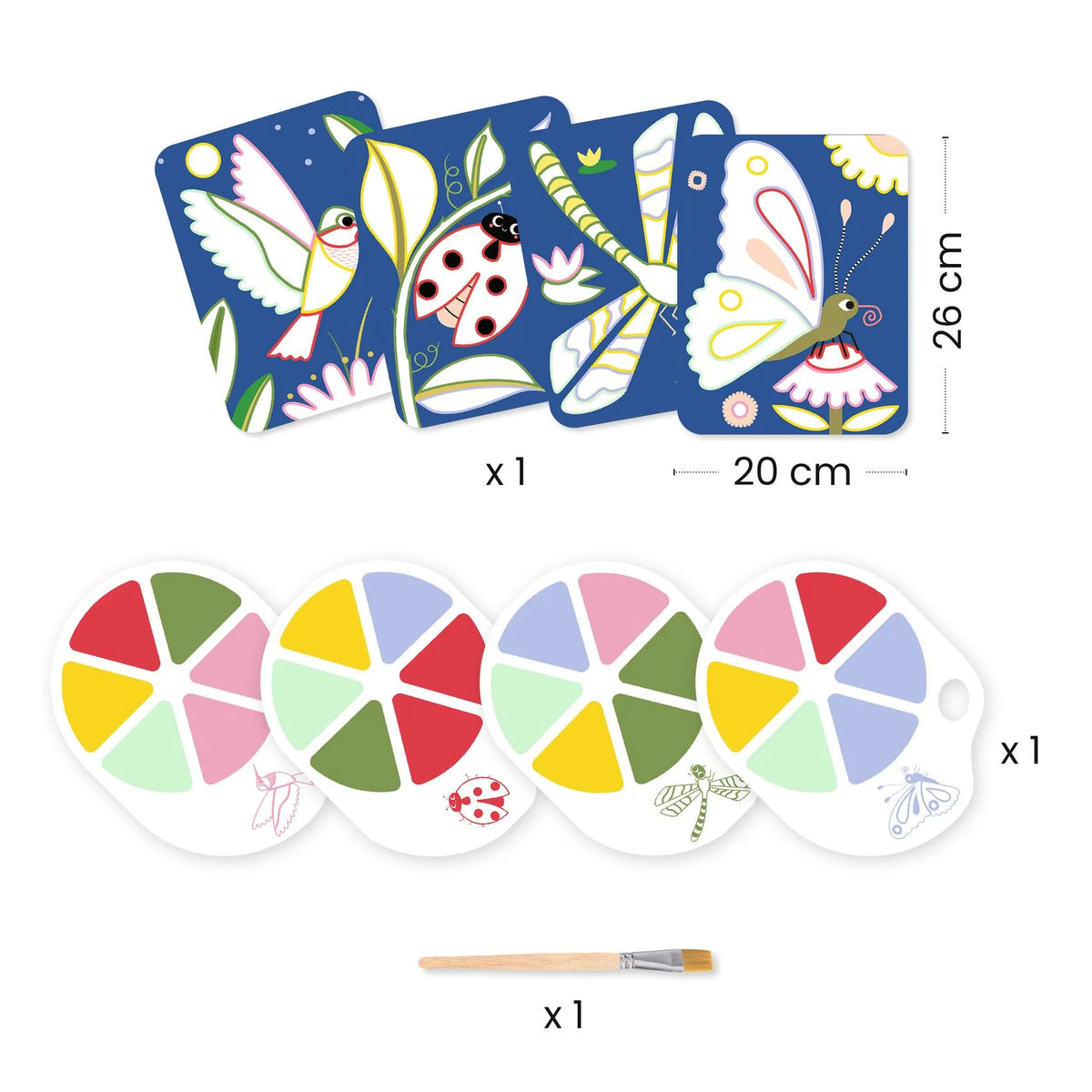 Djeco Röpködők (Creepy crawlies) palettafestés tartalma – 4 db 20 × 26 cm-es kép, 4 palettalap képenként 6 színnel és fanyelű ecset