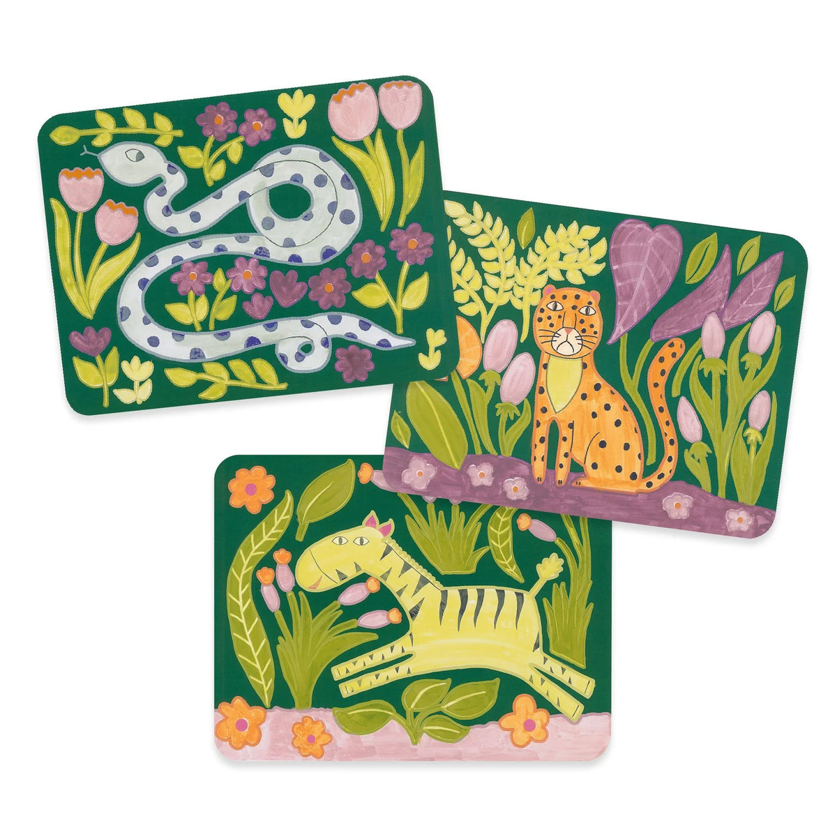 Djeco Vadon (Wild one) palettafestés – három kész, kifestett dzsungeles kép: pöttyös kígyó, leopárd és zebra