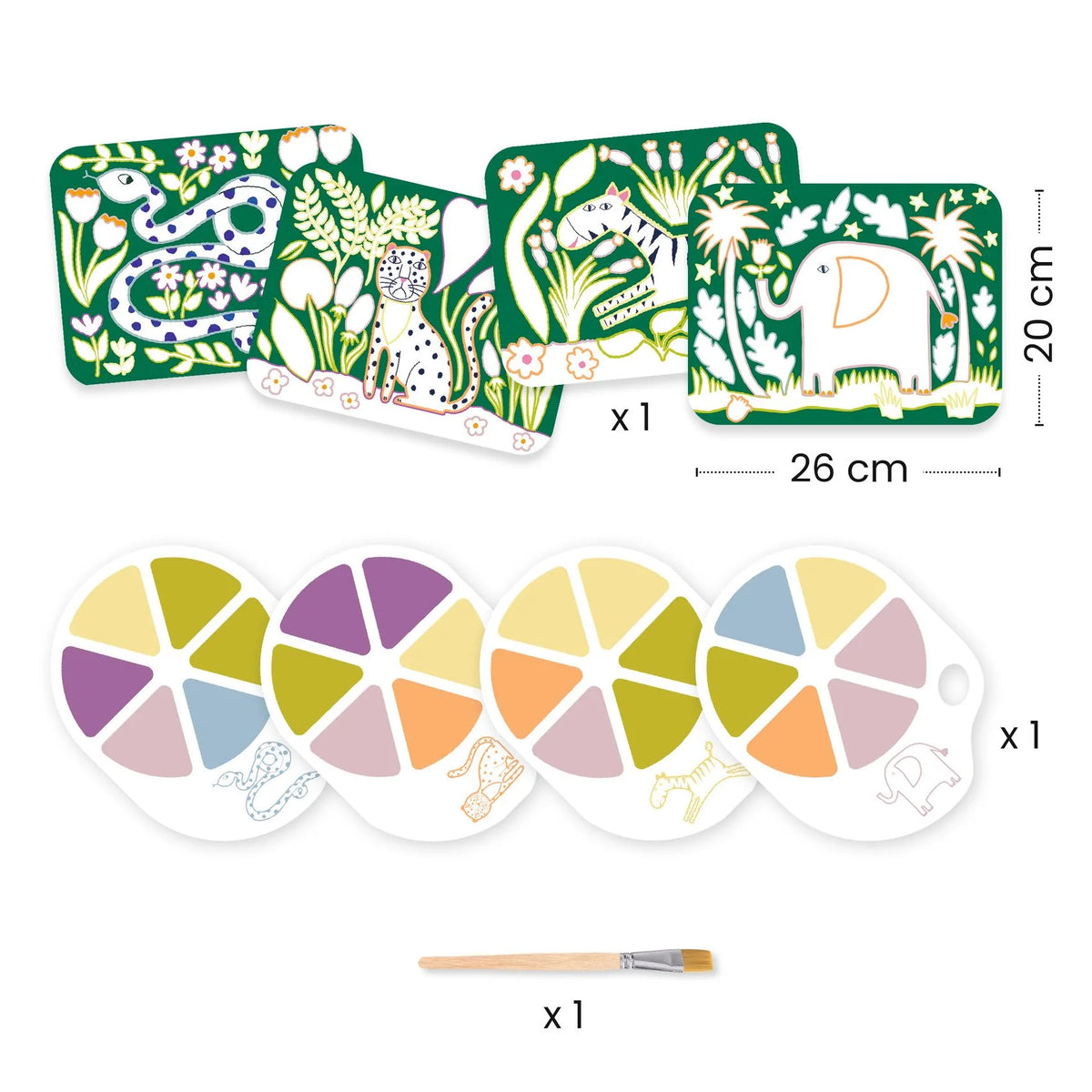 Djeco Vadon palettafestés tartalma – 4 db 20 × 26 cm-es kép, 4 palettalap képenként 6 színnel és fanyelű ecset