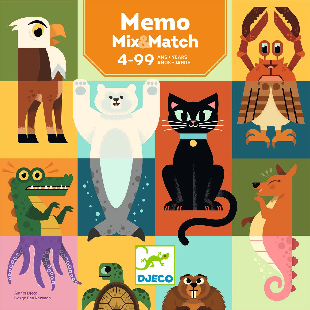 Djeco Memo Mix & Match doboz előlapja Ben Newman állatillusztrációival