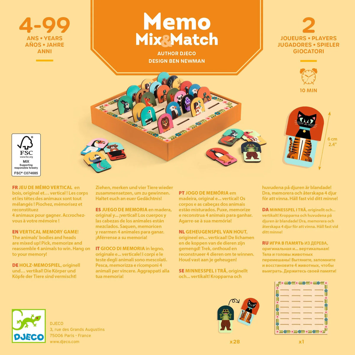 Djeco Memo Mix & Match doboz hátlapja: 4–99 év, 2 játékos, 10 perc játékidő