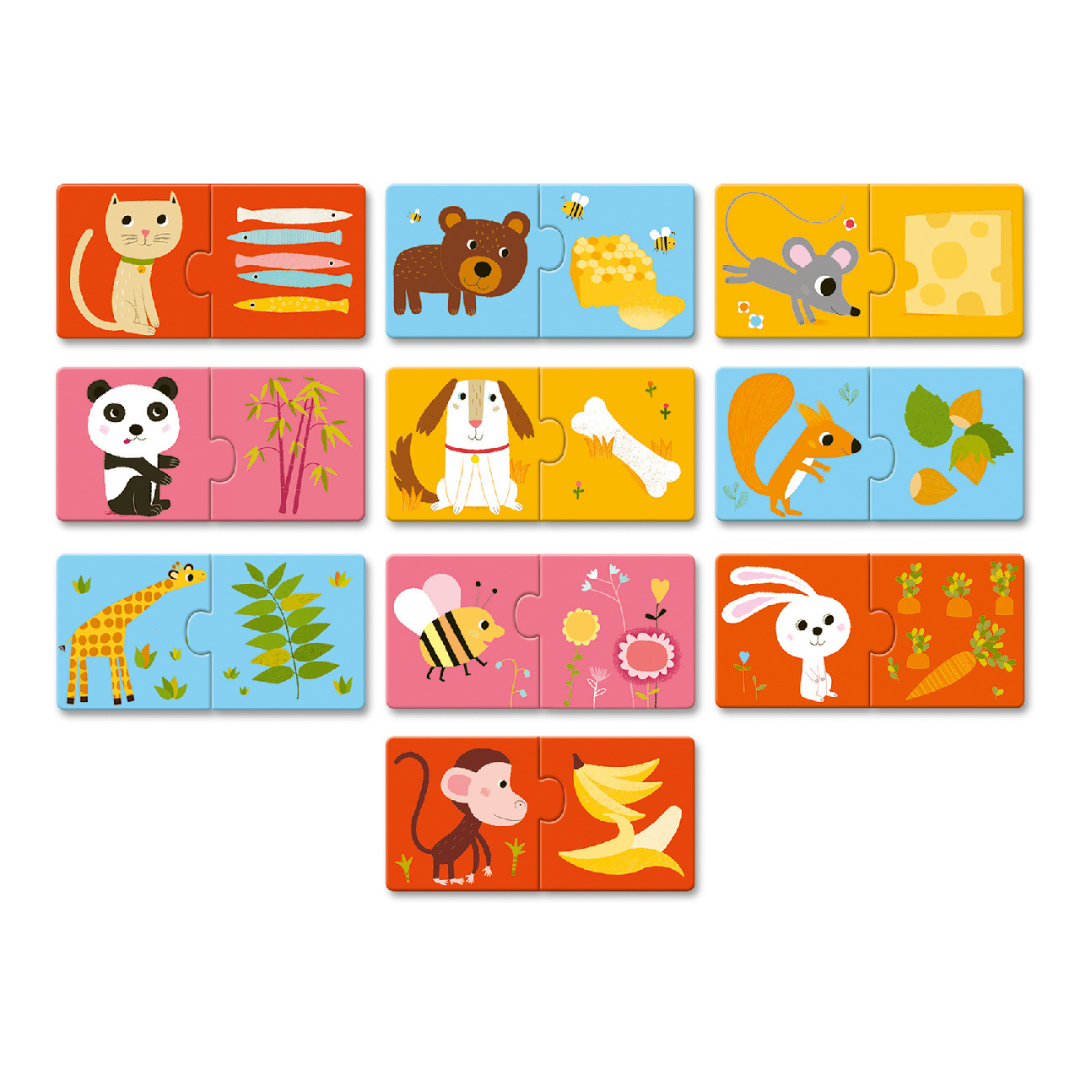 Djeco Ki mit eszik? párosító puzzle néhány darabja közelről