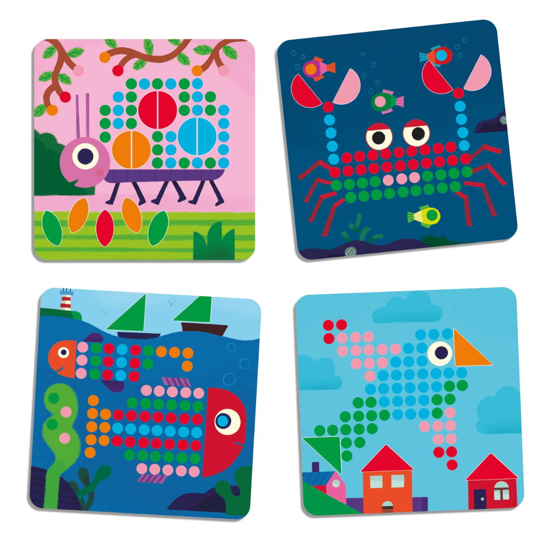 Djeco pötyi mozaik formák: kisállatok - rák, halak, madár, hangya