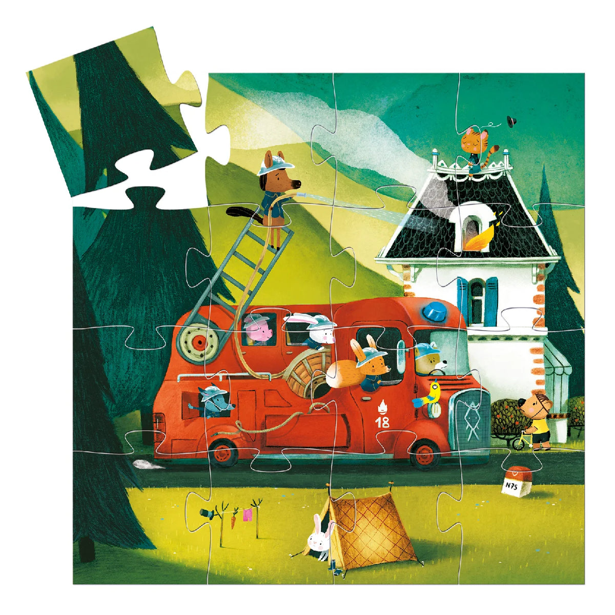 Djeco A tűzoltóautó (The fire truck) 16 darabos puzzle kirakott képe – állat tűzoltók létráról oltják a ház tetején lobogó tüzet, a tetőn egy cica vár