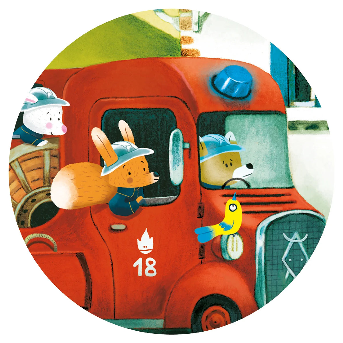 Djeco tűzoltóautós puzzle részlete – róka, nyuszi és kutya tűzoltósisakban a piros, 18-as tűzoltóautóban