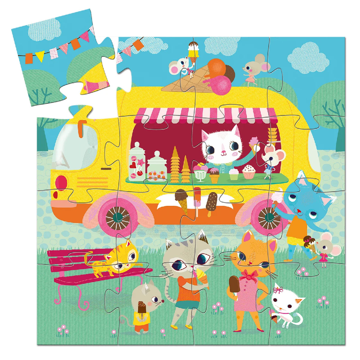 Djeco Fagyis kocsi (Ice cream truck) 16 darabos puzzle kirakott képe – sárga fagyiskocsi, az ablakában fehér cica árulja a fagyit, előtte cicák és egerek fagyiznak