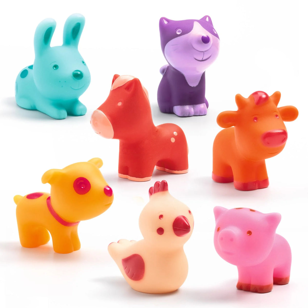 Djeco Troopo-farm puha háziállat-figurák: nyuszi, cica, ló, tehén, kutya, tyúk és malac