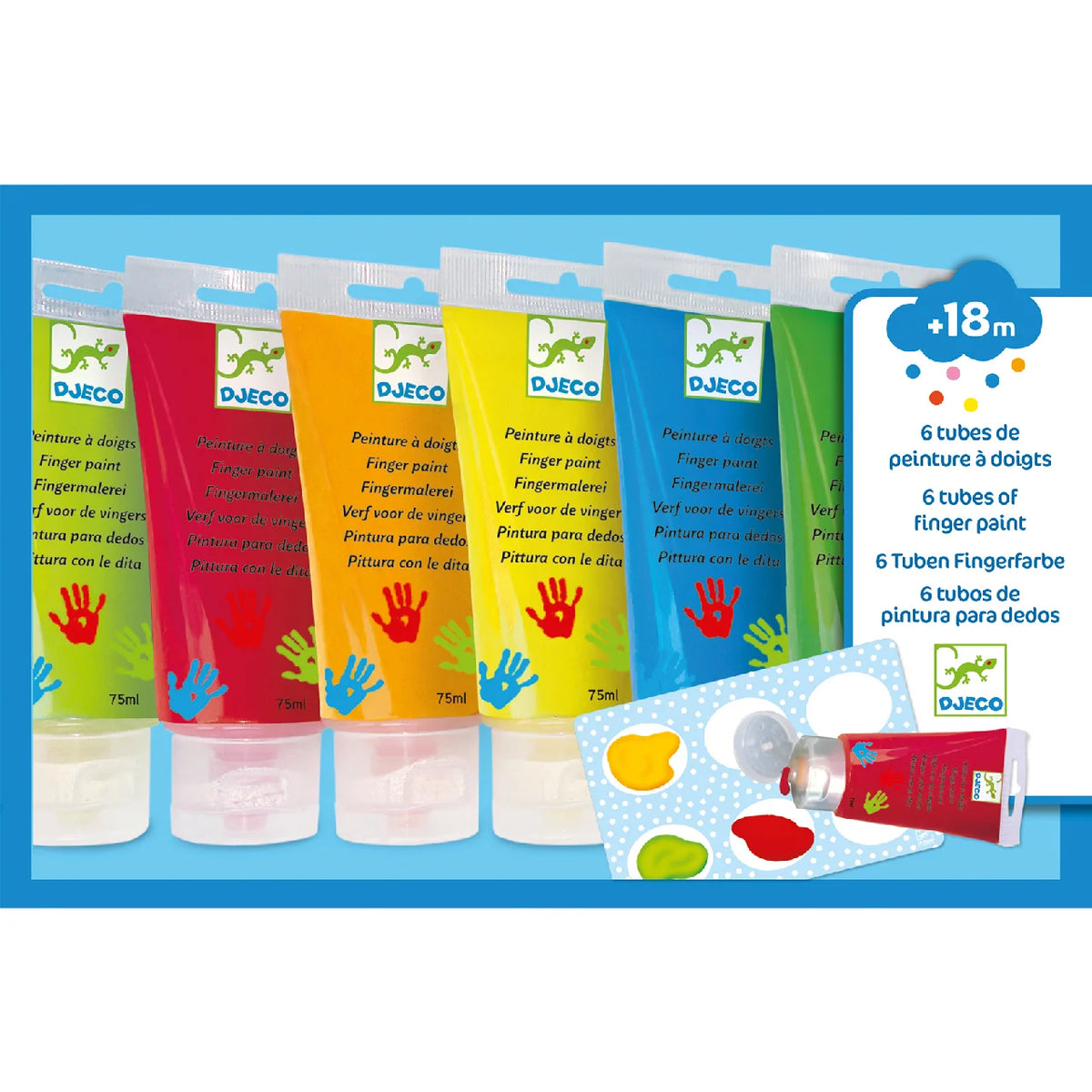 Djeco ujjfesték készlet (6 finger paint tubes) doboz előlapja palettával, 18 hónapos kortól