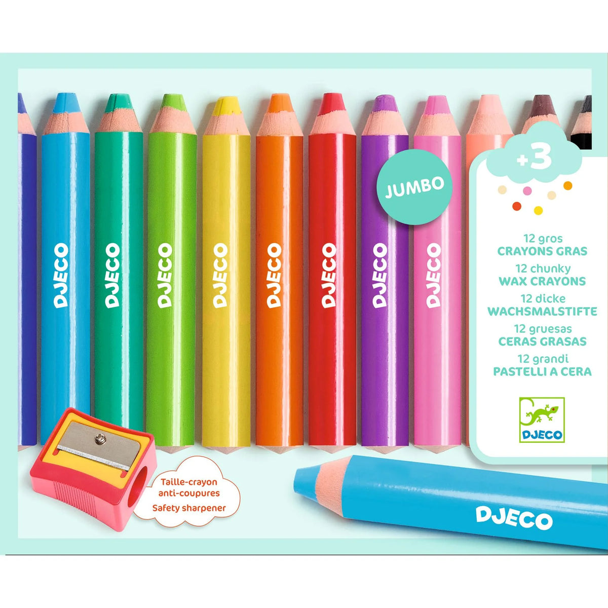Djeco 12 vastag színes ceruza (12 chunky pencils) doboz előlapja hegyezővel, 3 éves kortól