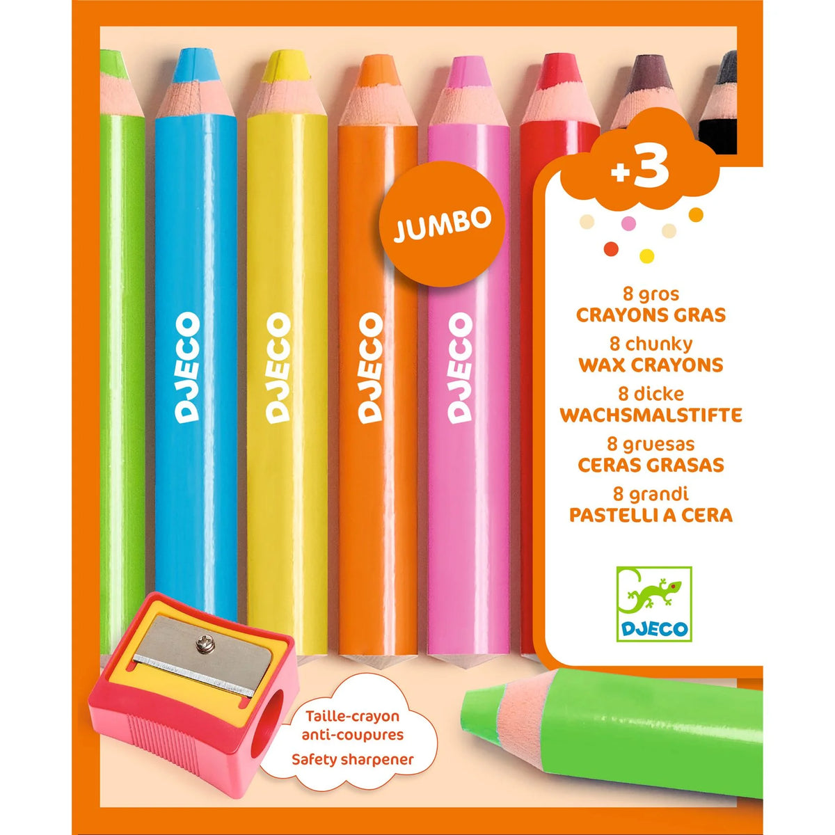 Djeco 8 vastag színes ceruza (8 chunky pencils) doboz előlapja hegyezővel, 3 éves kortól